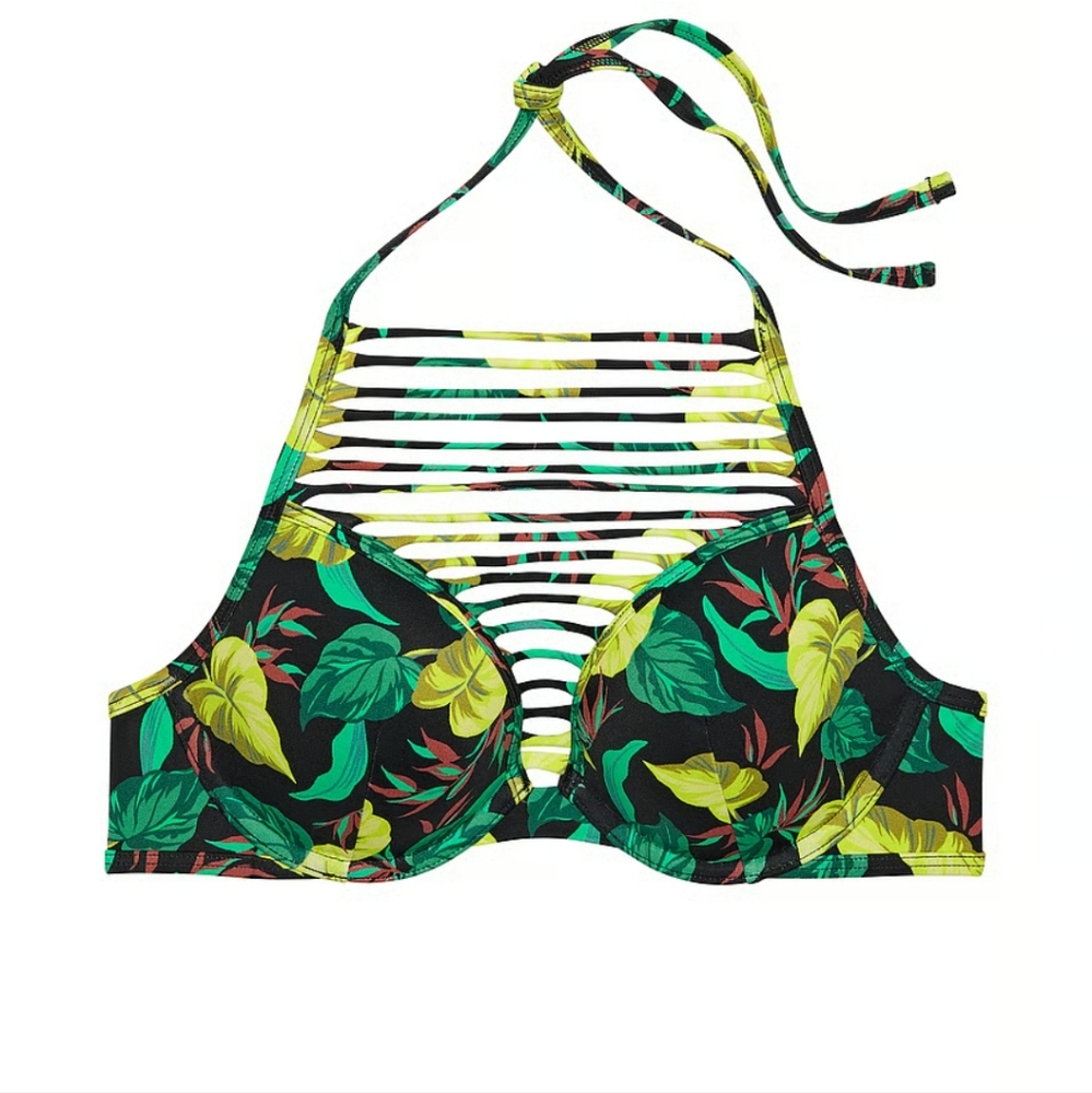 Victoria's Secret Sexy Tee High Neck Bikini Top Sz 34A Vintage Leaves Tropical